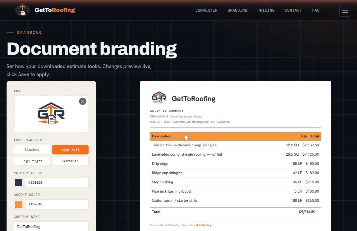 Branding tab: logo, brand colors, and company details with a live estimate preview
