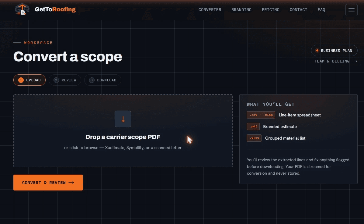 The GetToRoofing converter workspace — drop a carrier scope PDF to start