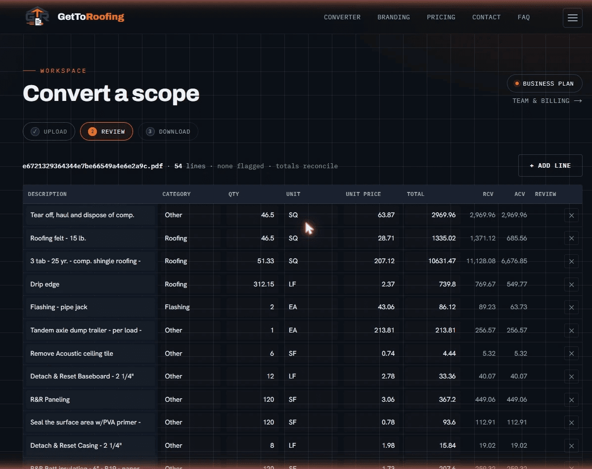 Review step: an editable line-item grid with quantity, unit price, total, RCV and ACV columns