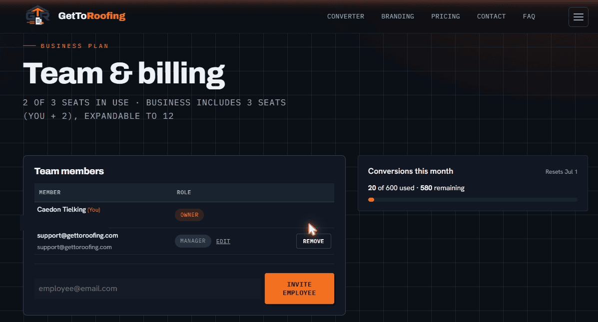 Team and billing screen: team members, seats, and a monthly conversion usage meter
